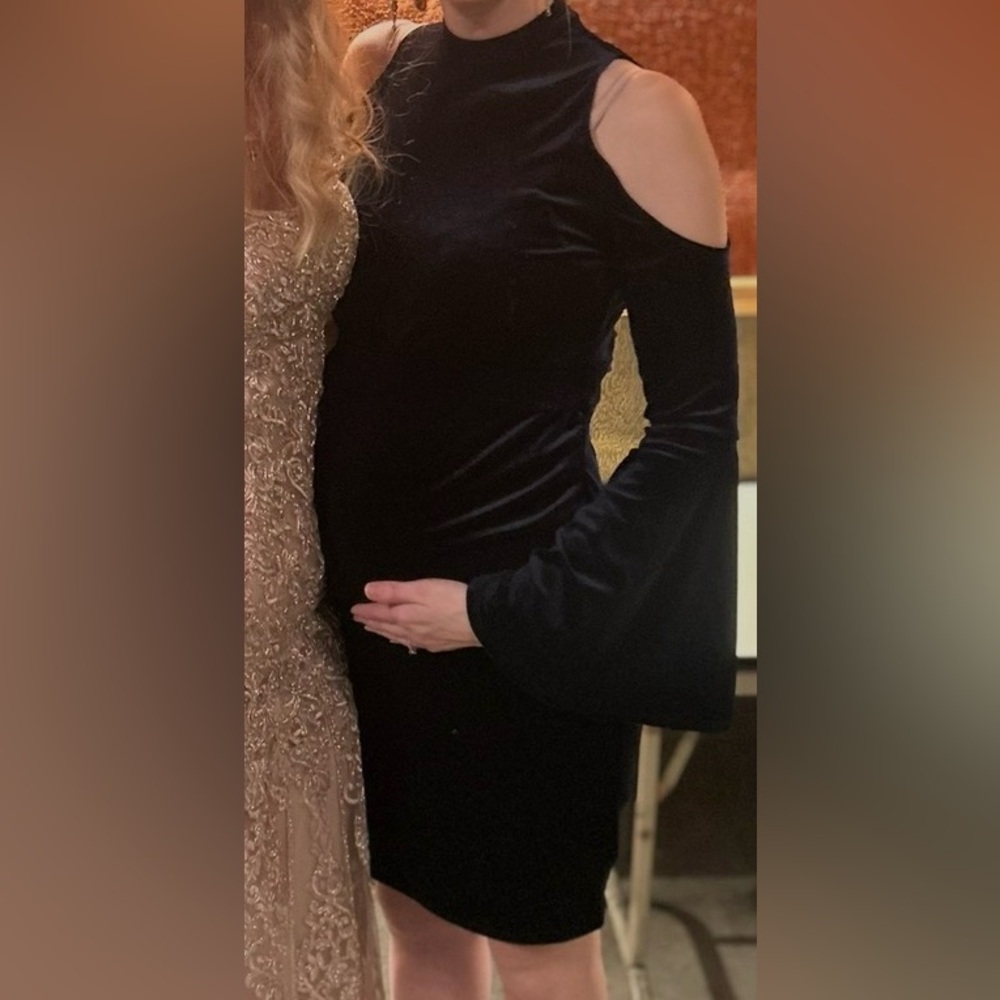 SHEIN Navy Velvet Maternity Dress with Bell Sleeves